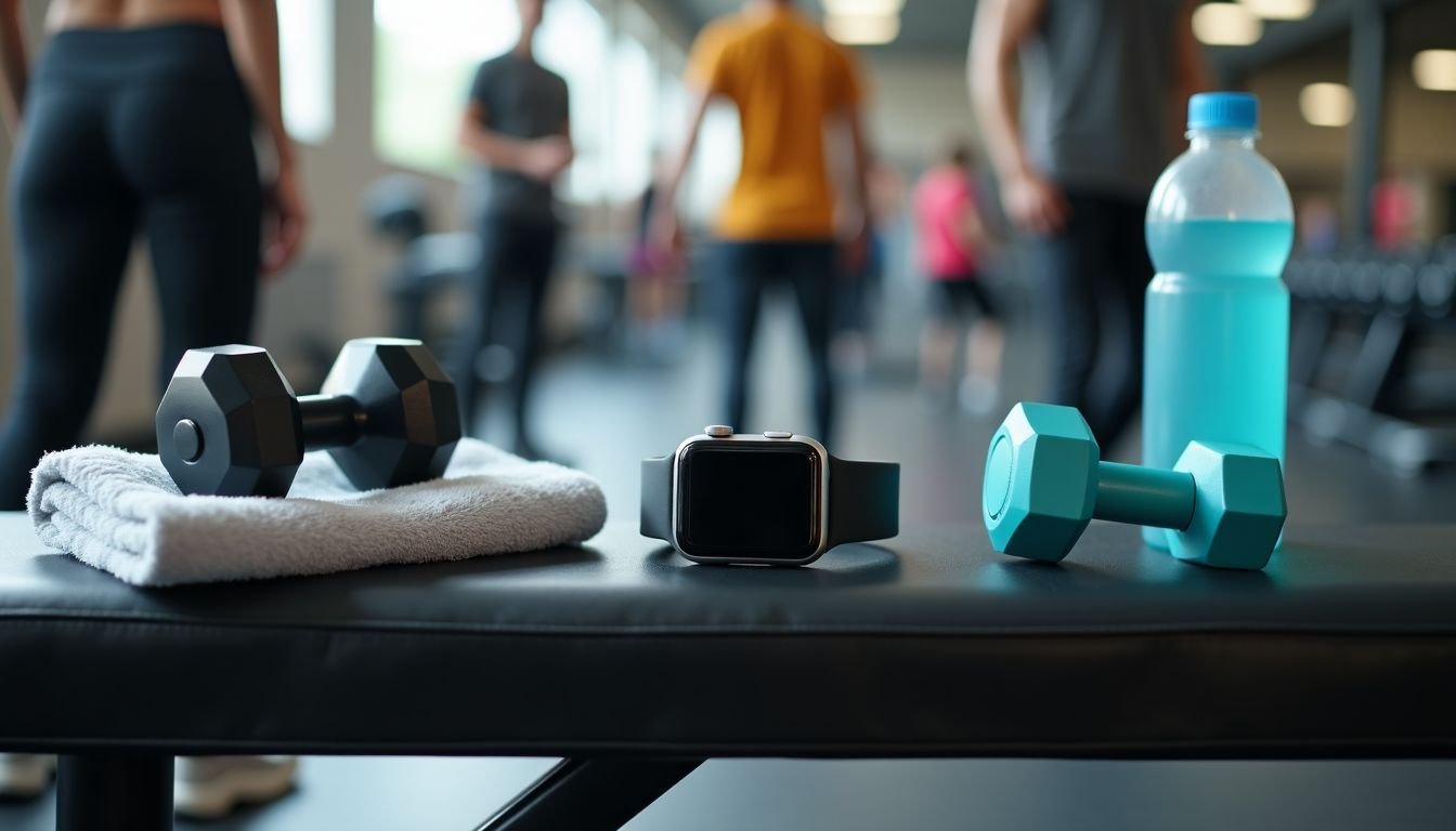 A used Apple Watch is seen on a gym bench surrounded by workout equipment and towels.