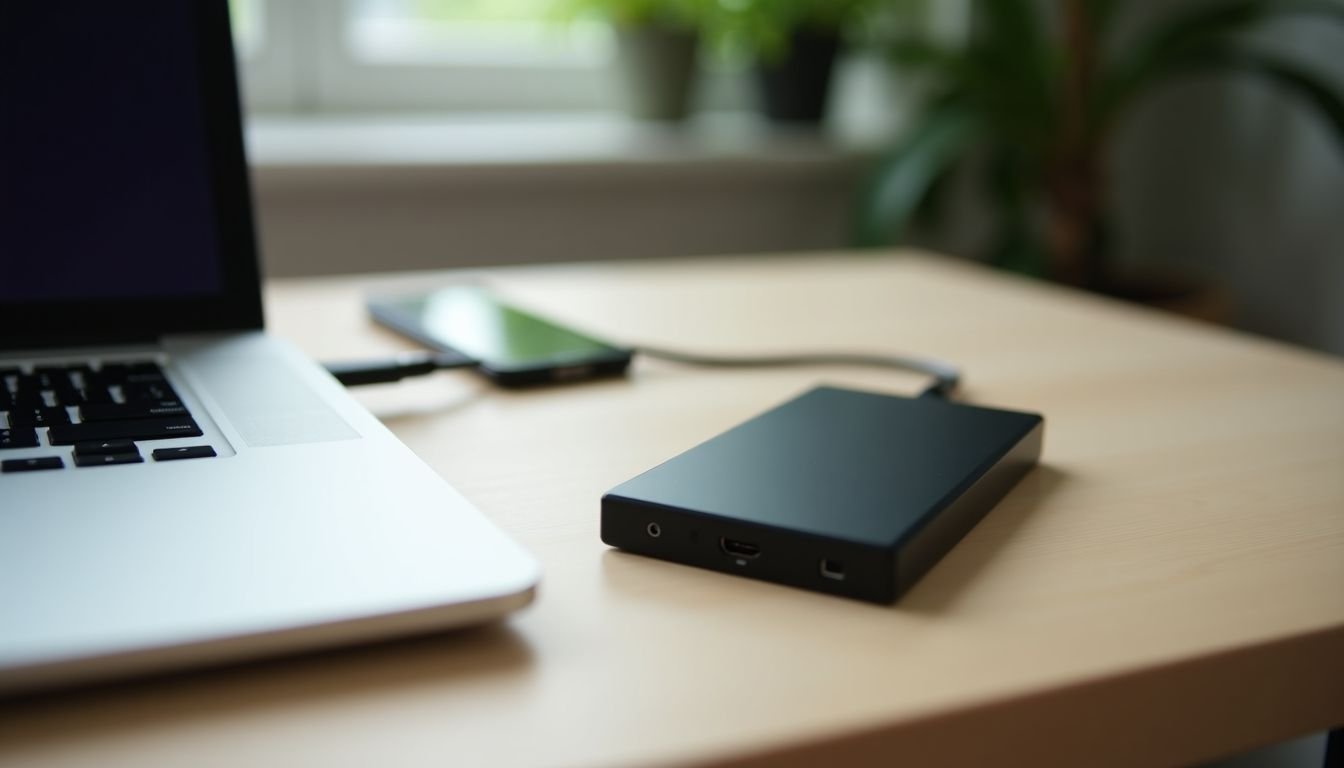 An external SSD connected to a laptop in a cozy home office.