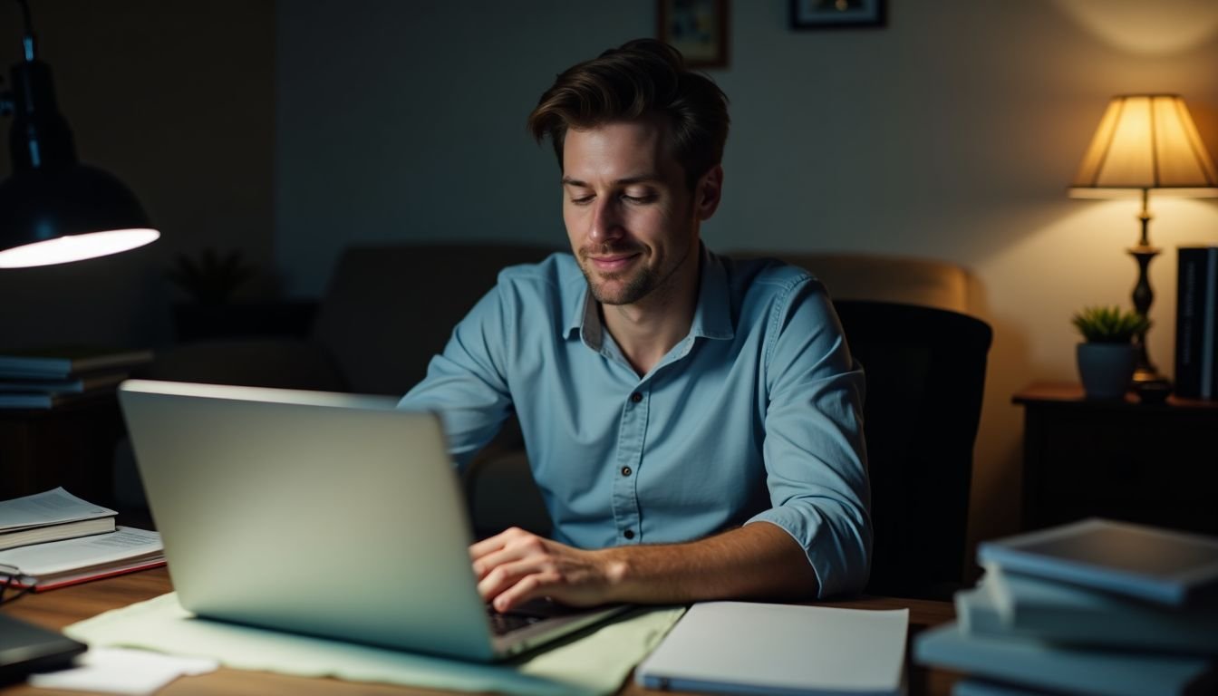 A man connects an external hard drive to his cluttered desk.