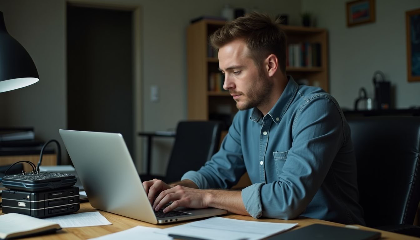 A man encrypts and backs up files at a messy desk.