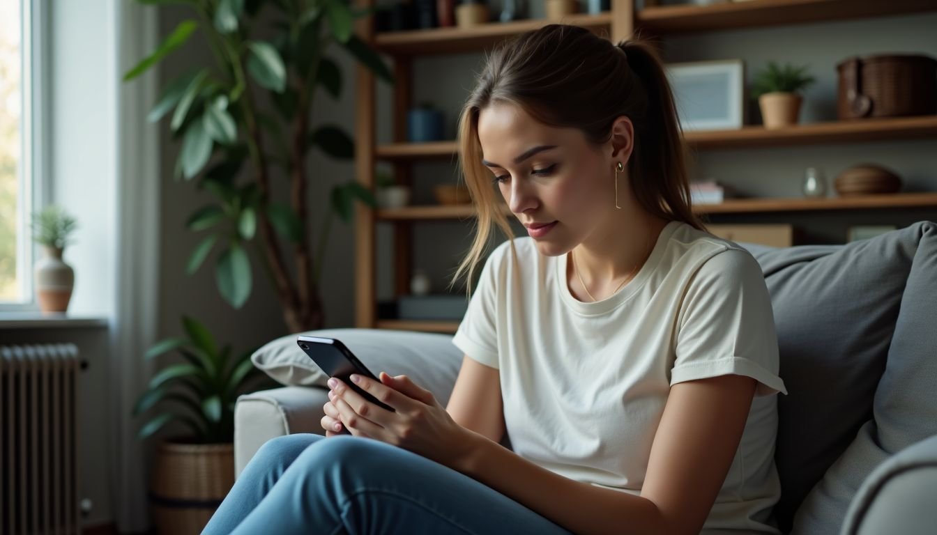 A woman in her 30s sitting in a cluttered living room.