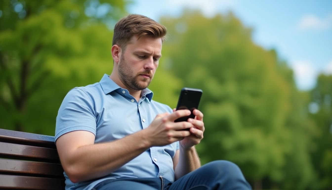 A young man adjusting his phone settings in a park.