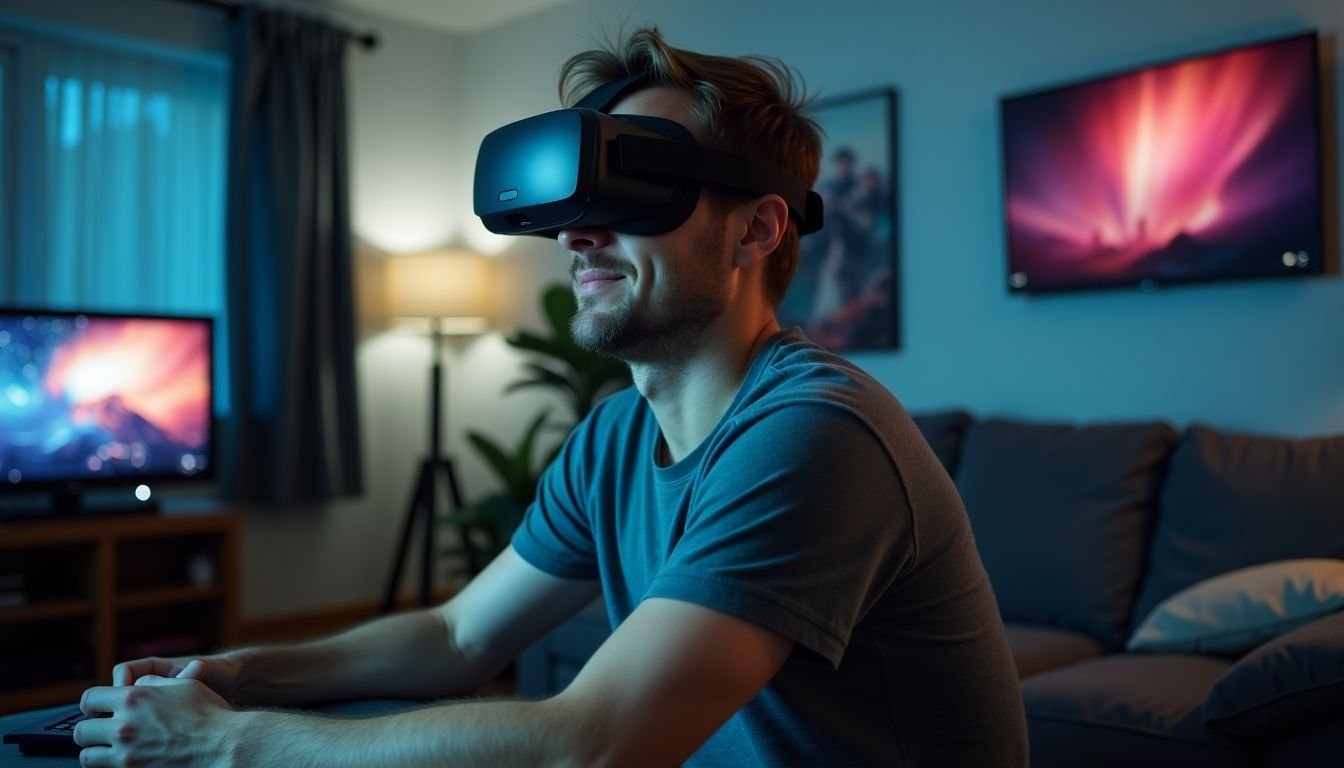 A man setting up VR headset for PC gaming in a cozy living room.