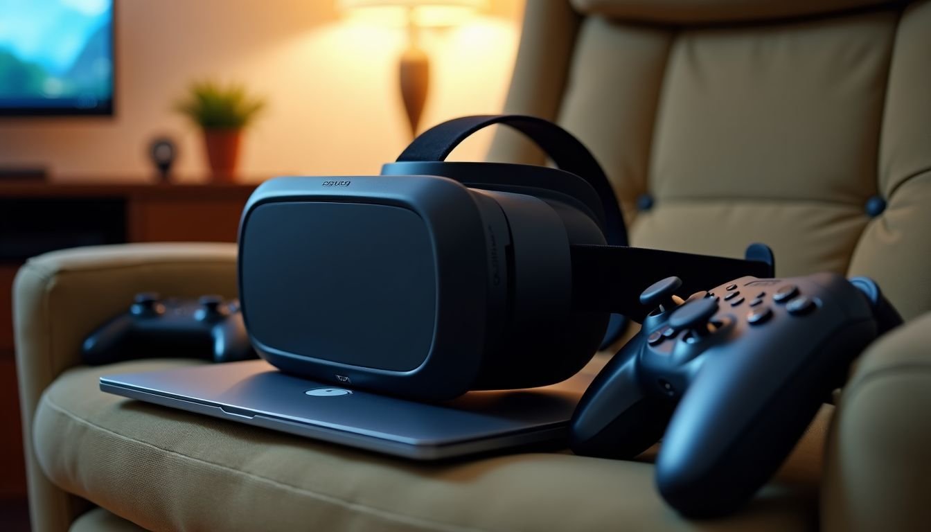 A well-used Oculus Quest headset and VR accessories in a gaming space.