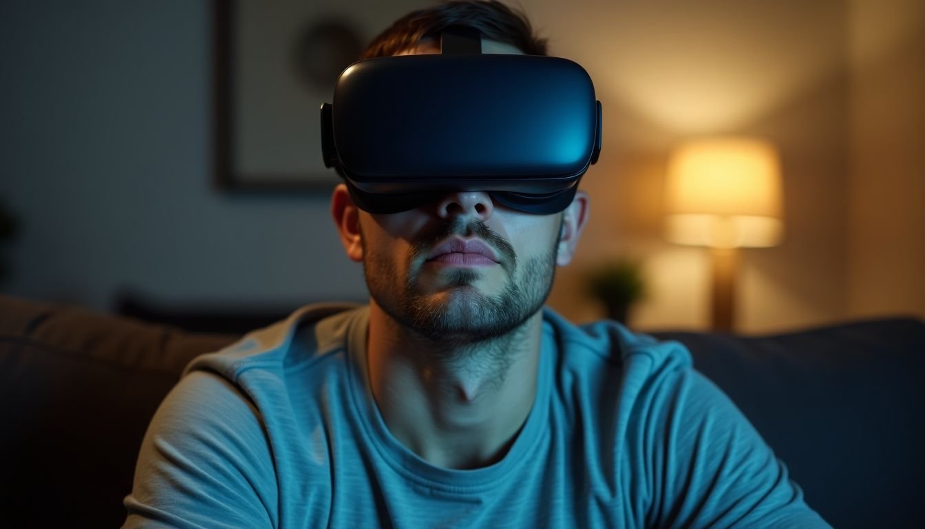 A man in his 30s troubleshoots VR headset connectivity issues.