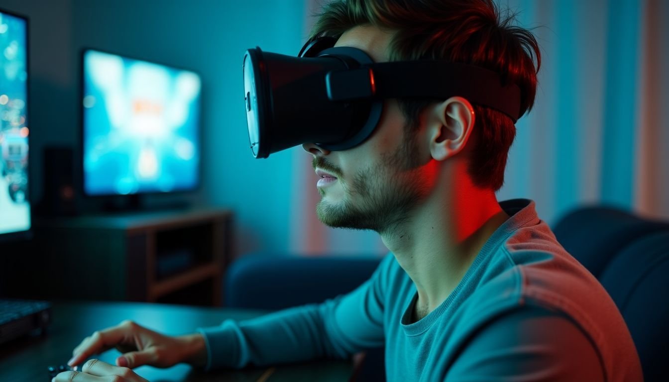 A man in his 30s is playing a VR game in a dimly lit room.