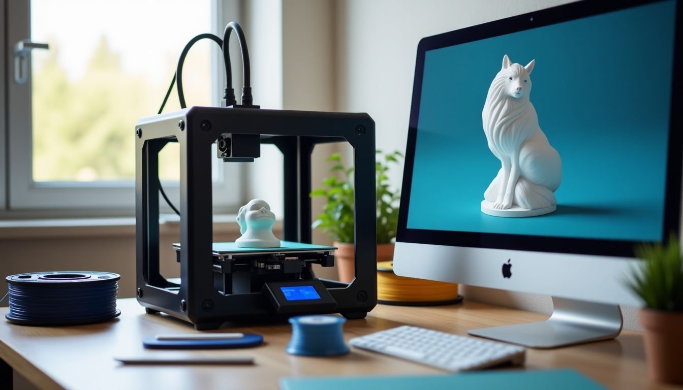 A 3D printer and essential tools prepared for printing in a workspace.