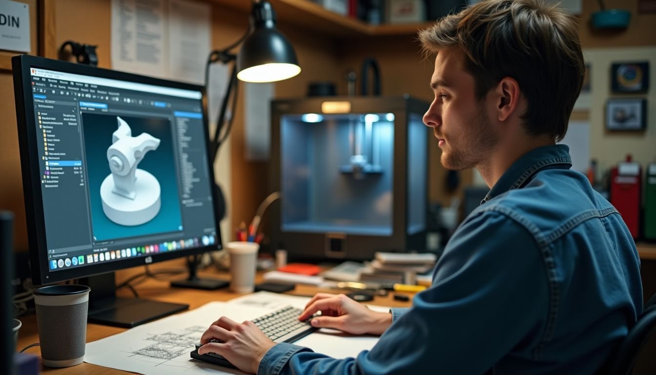 A person working on 3D modeling and design in a cluttered workshop.