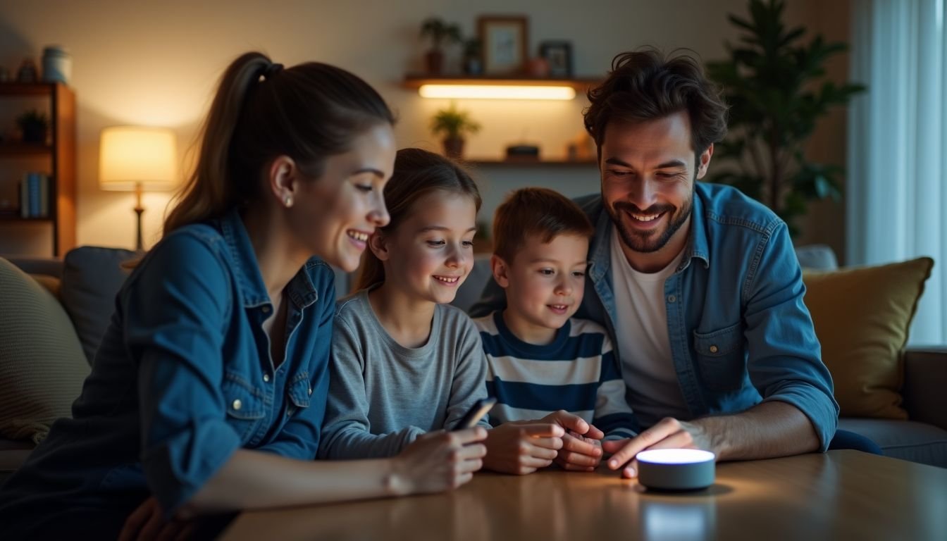 A family setting up Google Assistant in their modern living room.