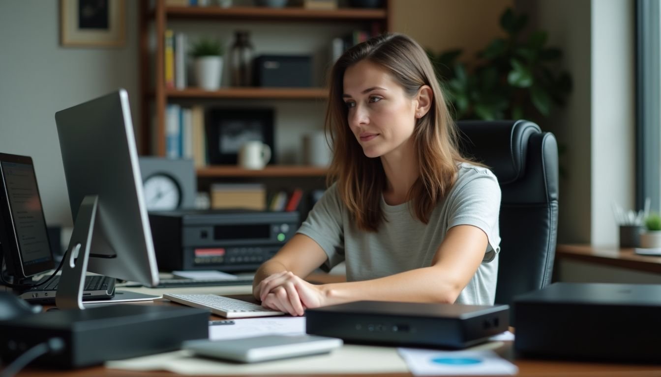 A woman compares external storage devices at a cluttered desk.