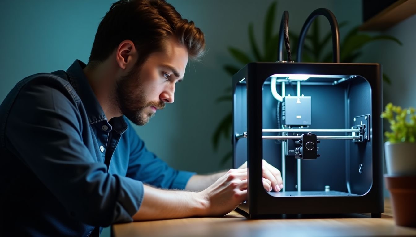 A man in his 30s is working on a 3D printer at home.