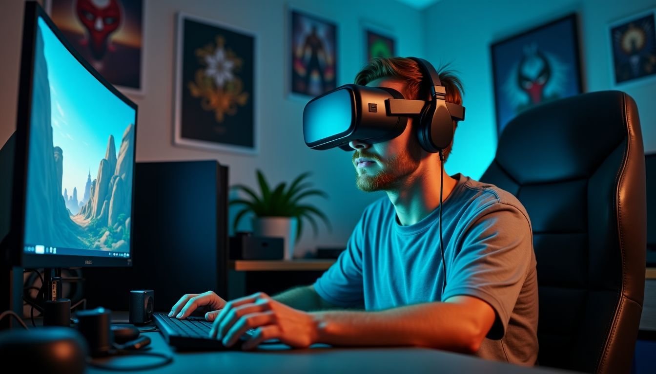 A man in his 30s wearing a VR headset at a cluttered desk in a gaming room.