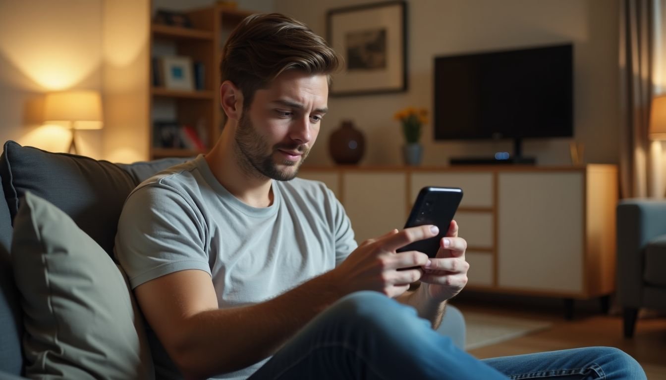 A man in his 30s sets up a security camera in his living room.