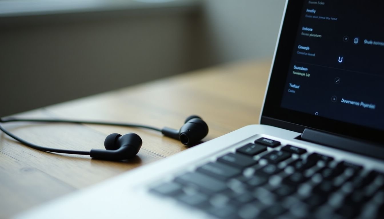 A laptop connected to wired earbuds with audio settings displayed.