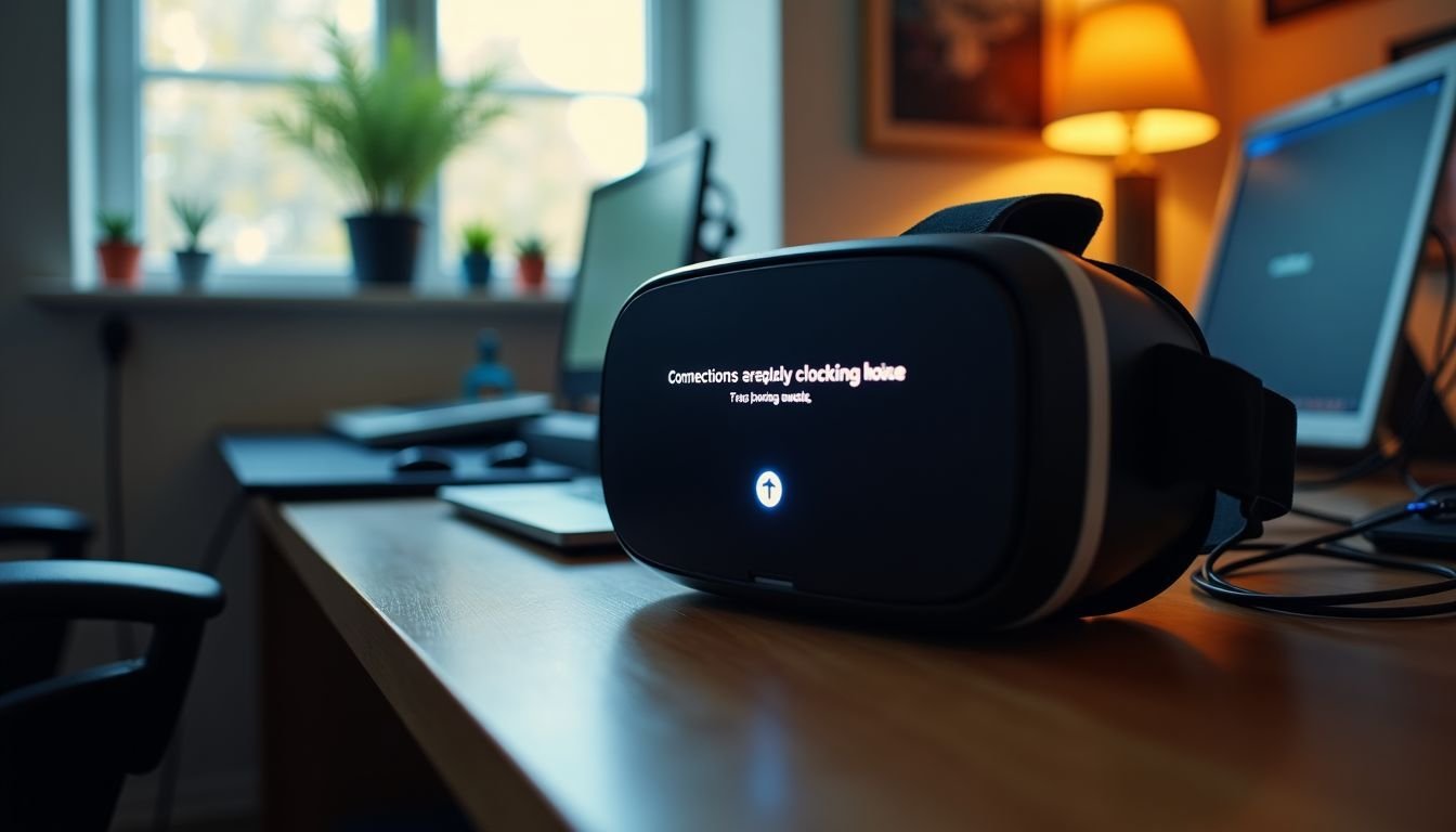 A VR headset displaying a connection error in a cluttered tech space.