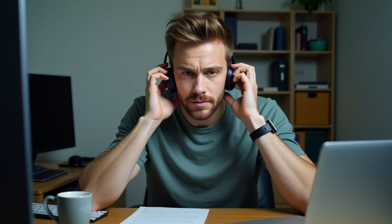 A frustrated man sitting at a cluttered desk attempts to reset his earbuds.