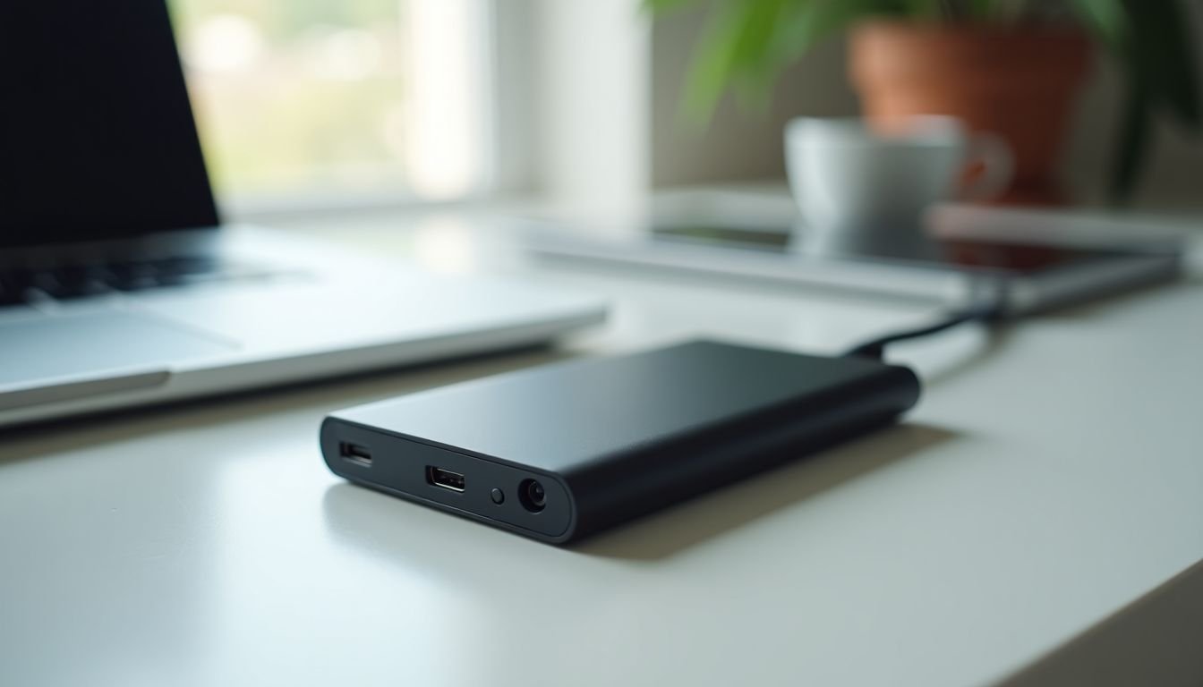 An external SSD connected to a computer in a bright office.