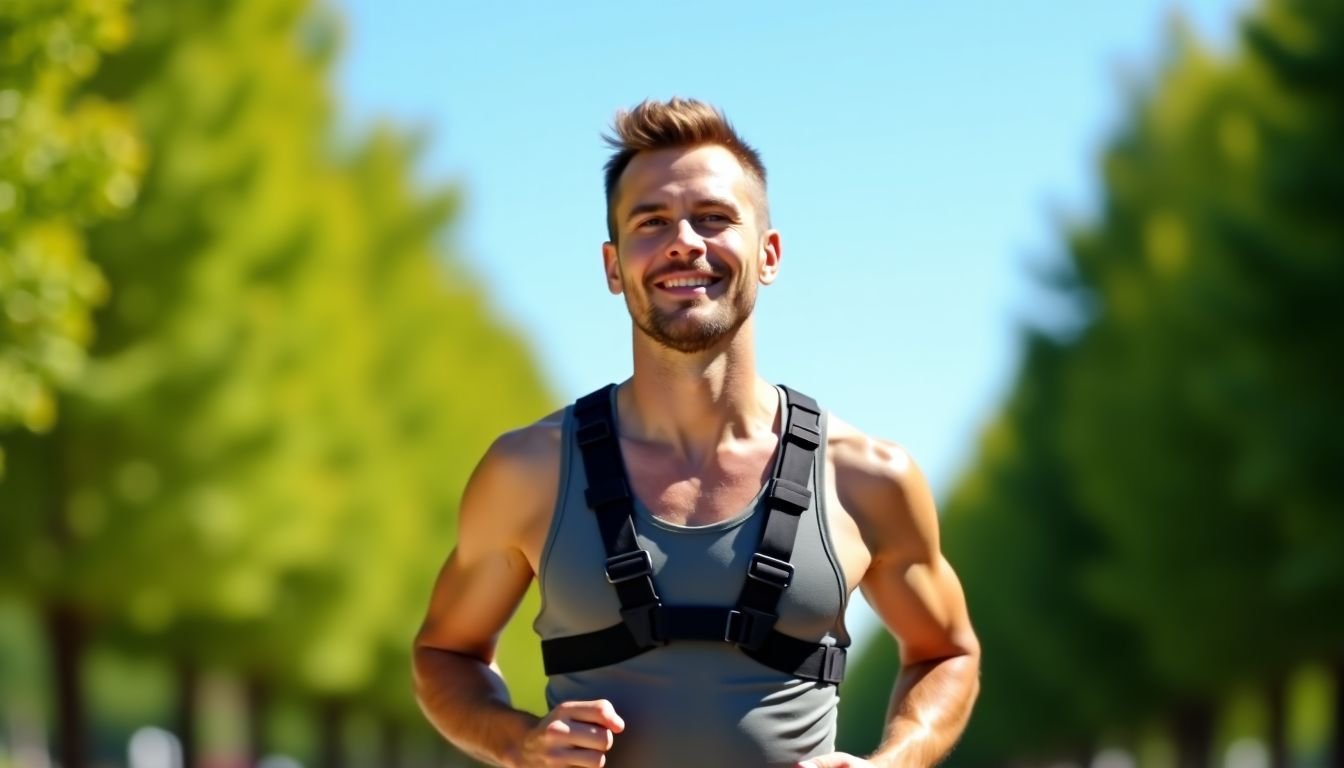 A man in his 30s jogging in a park on a sunny day.