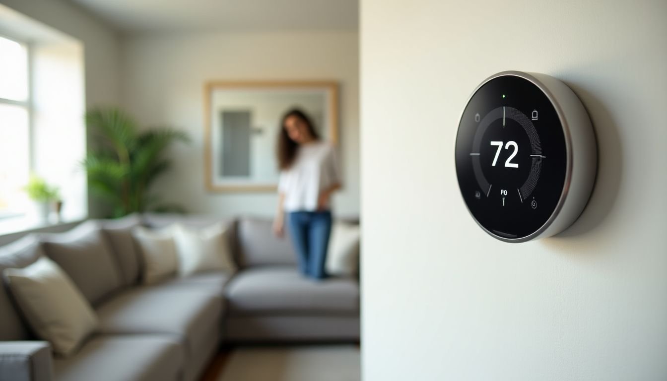 A smart thermostat set at 72°F in a cozy living room.