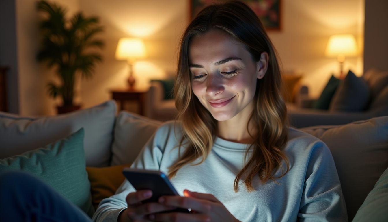 A woman in her 30s adjusting smart lighting in her cozy living room.