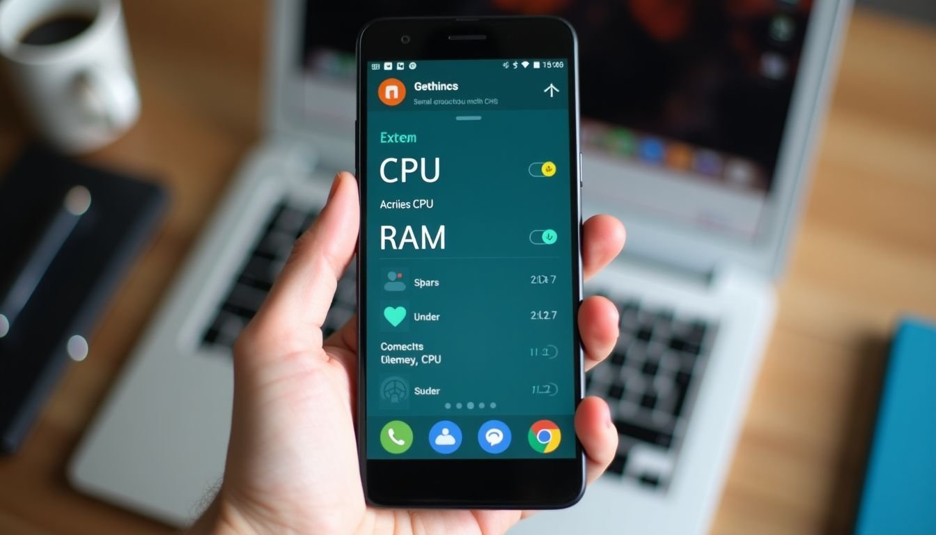 An Android smartphone displaying CPU and RAM usage statistics.