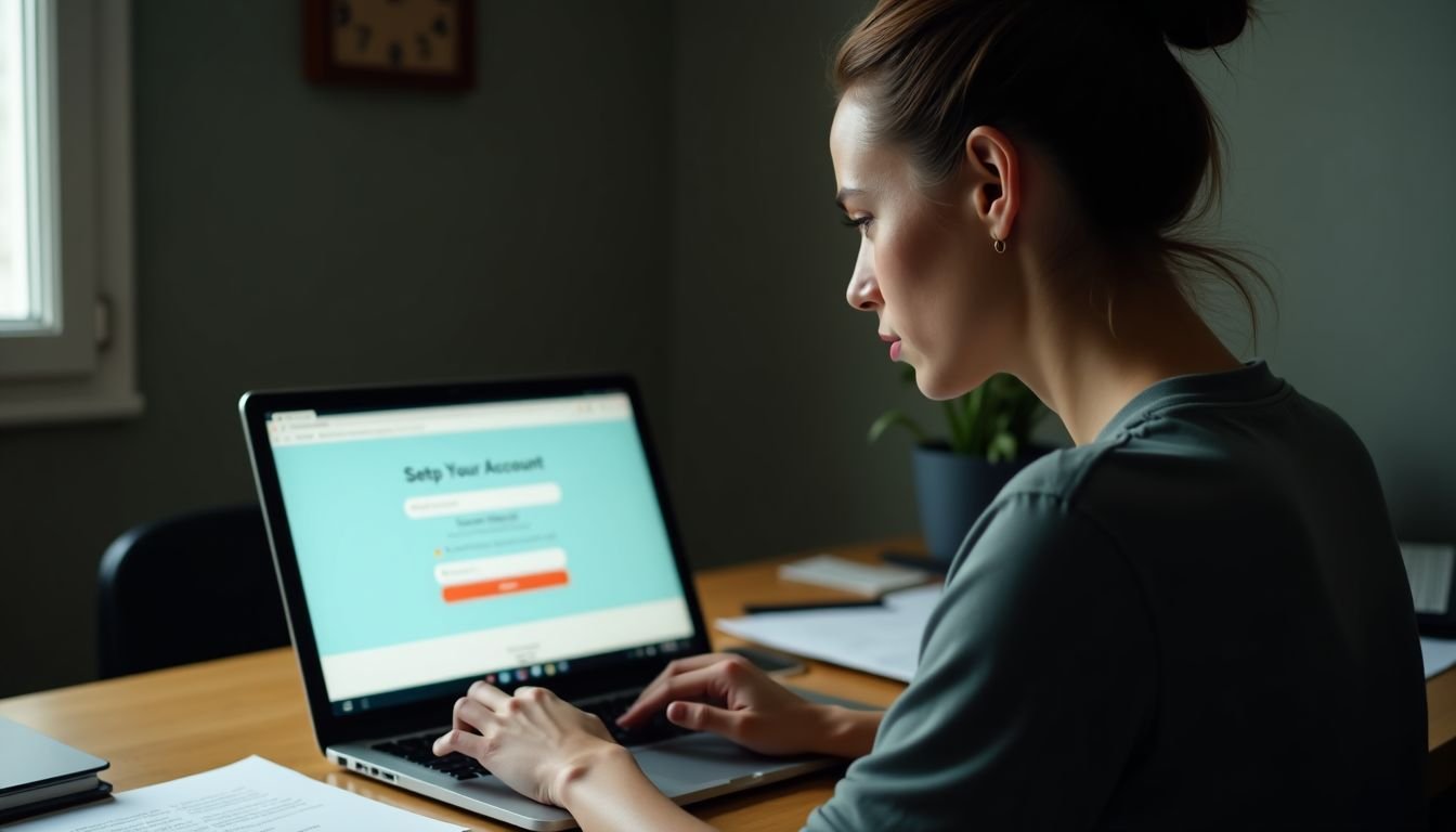 A woman in her thirties setting up a Fitbit account on her laptop.