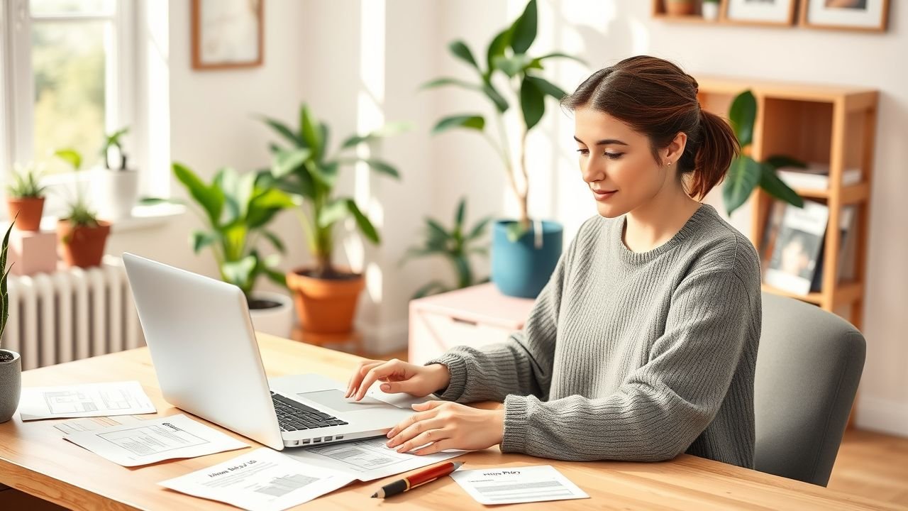 A woman working on website designs in a cozy home office.