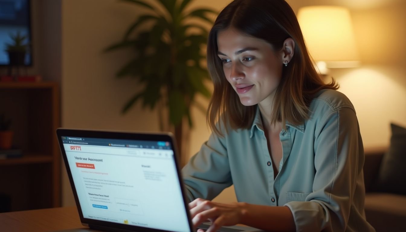 A woman in her 30s sits at a desk, setting up IFTTT account.