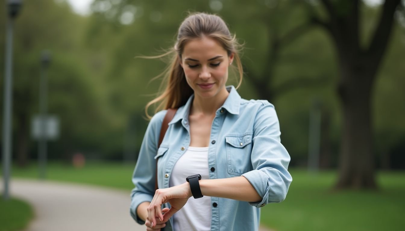 A woman in her 30s walks in the park, checking her Apple Watch for fitness goals.