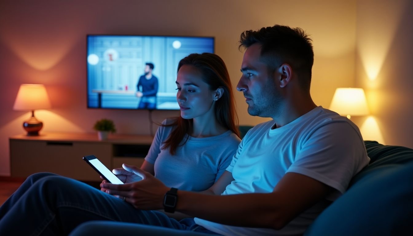 A couple in their 30s adjust smart lighting for movie night.