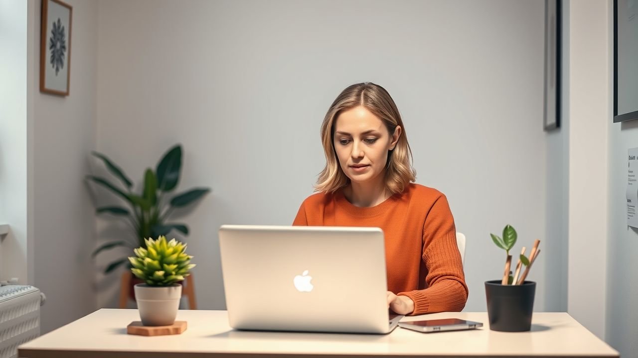 A woman in her 30s customizing a website on her laptop.