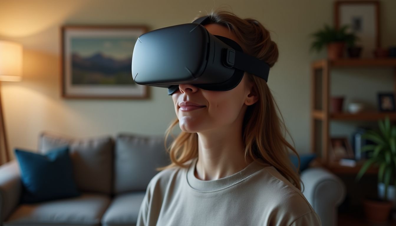 A woman in her 30s customizing her VR avatar in a cozy living room.