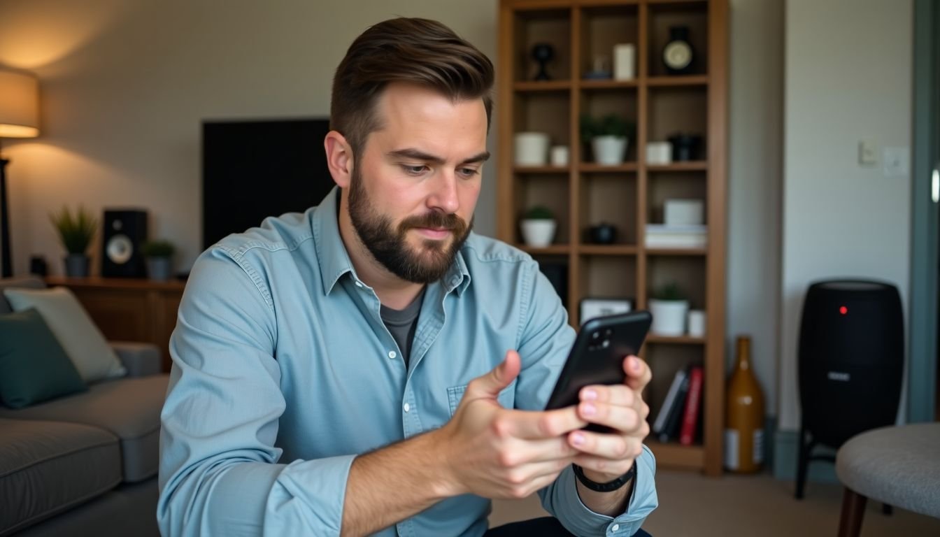 A man setting up smart devices in a cluttered living room.