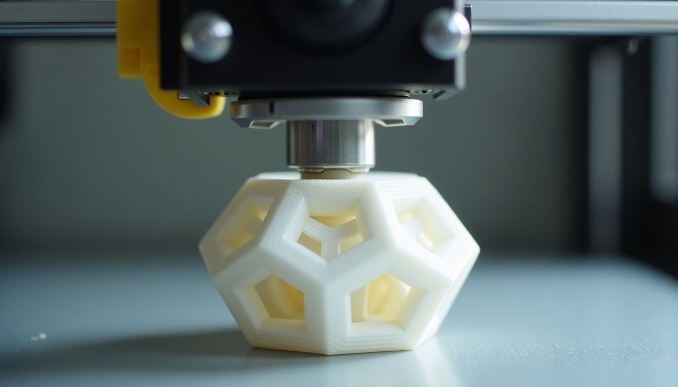 A 3D printer creating a detailed geometric shape with plastic filaments.