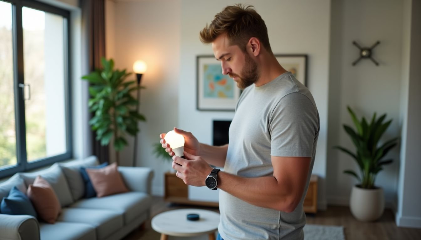 A man setting up smart light bulbs in a modern living room.