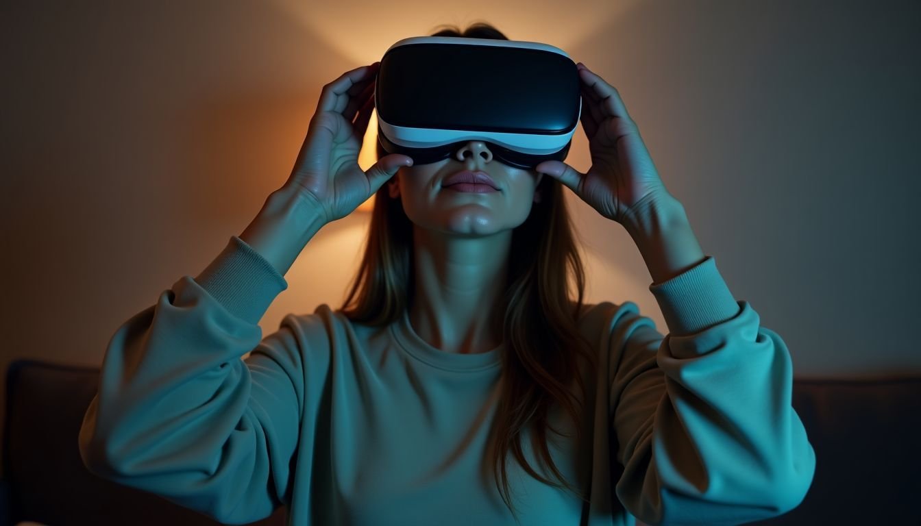 A person adjusting VR headset in dimly lit room.