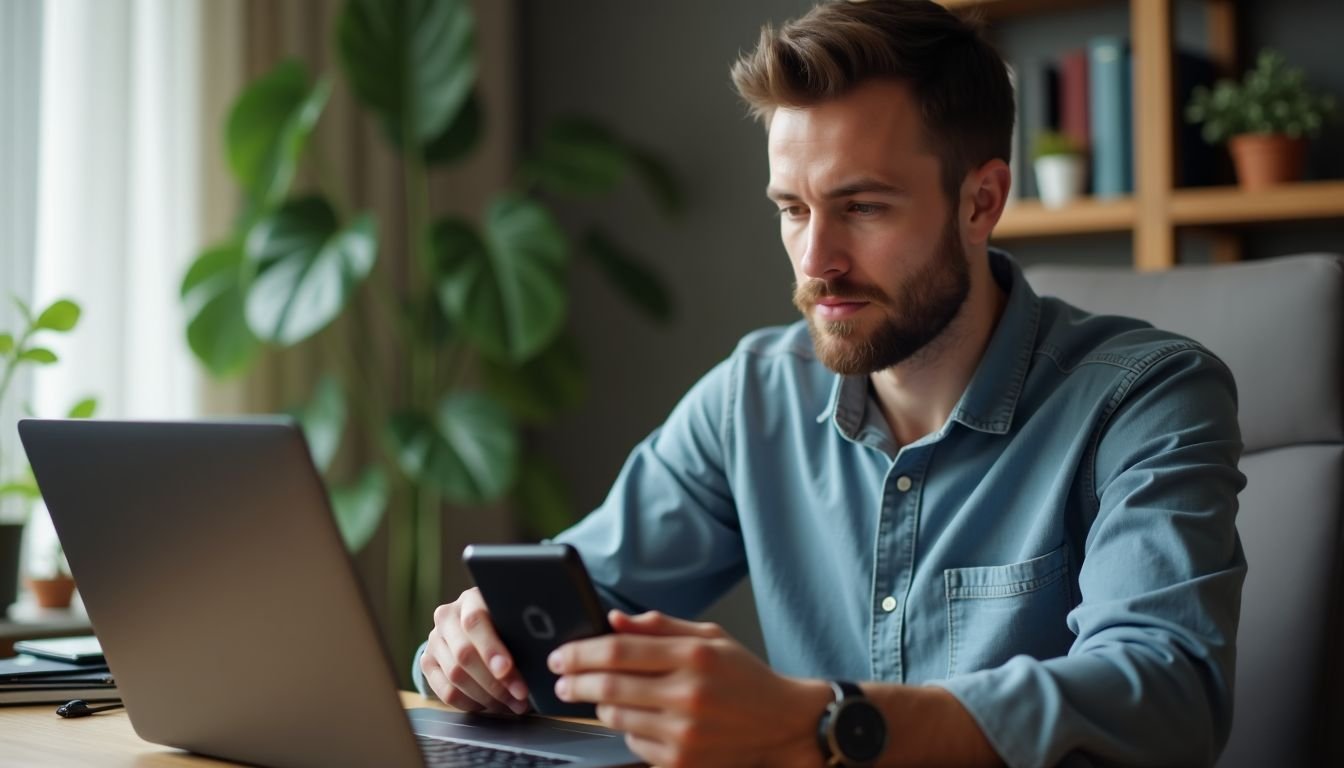 A man unplugs a power bank from his laptop in a home office.