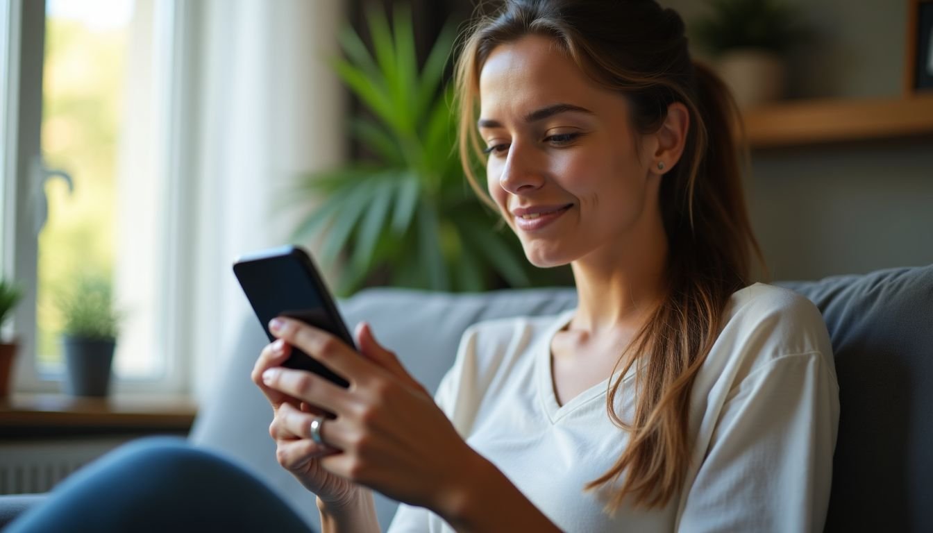 A woman in her 30s setting up Fitbit app on phone.