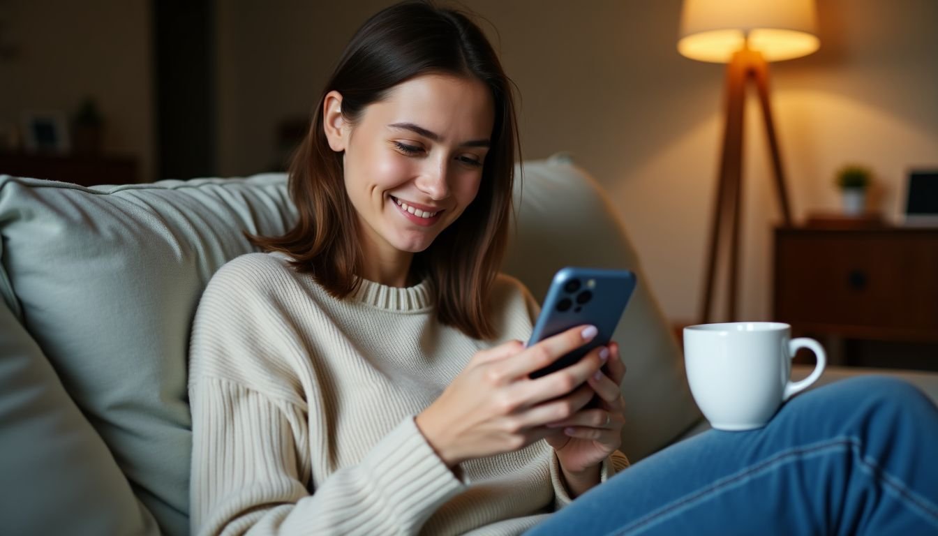 A woman in her thirties is casually downloading a camera app on her smartphone in a cozy living room setting.