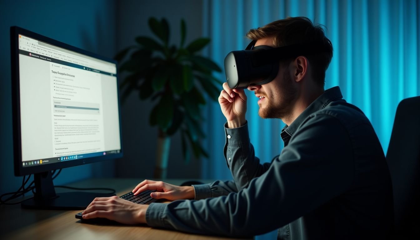 A man in his 30s troubleshoots his VR headset at a desk.