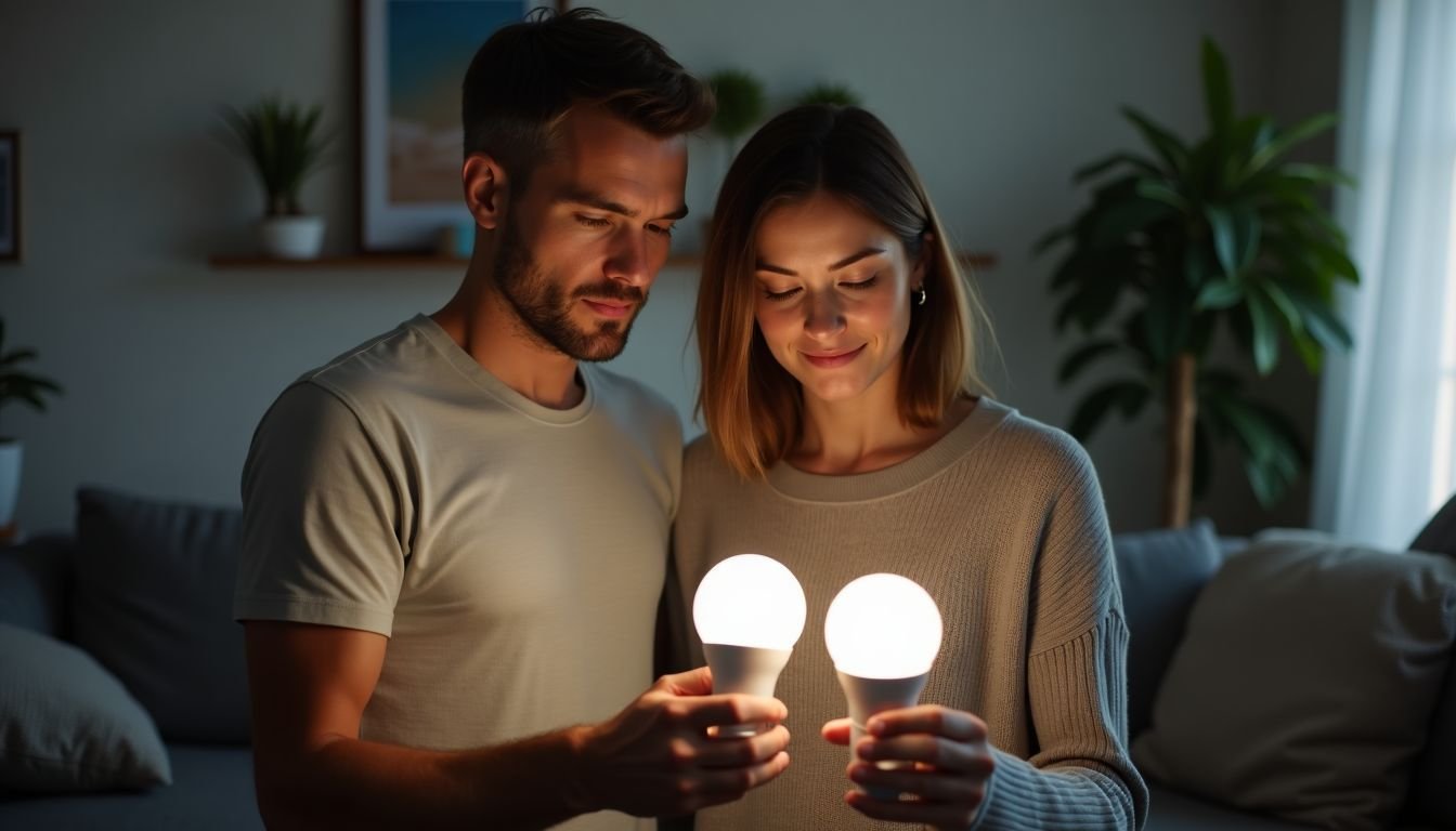 A couple in their mid-30s adjusting smart LED bulbs in their living room.