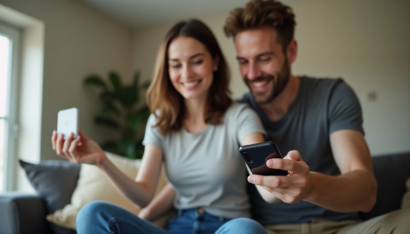 A couple in their living room installing a digital smart thermostat.