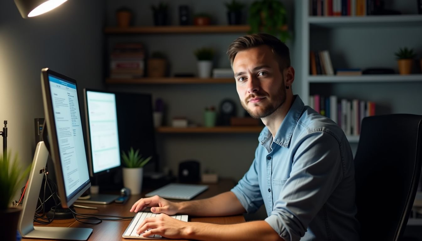 A man in his 30s multitasking at cluttered home office desk.