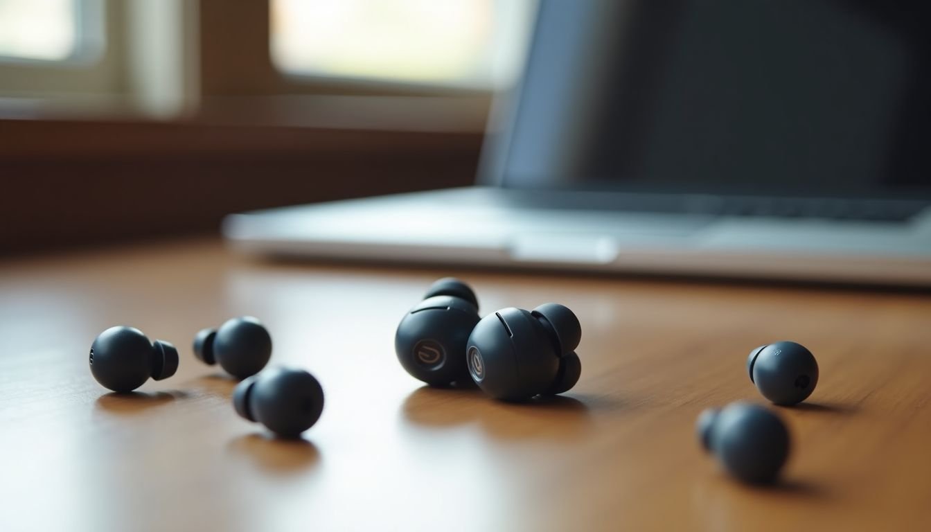 A pair of wireless earbuds with ear tips on wooden table.