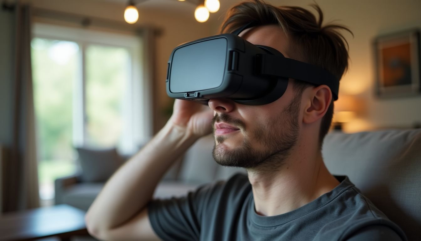 A man in his late 20s adjusts his Oculus Quest headset.