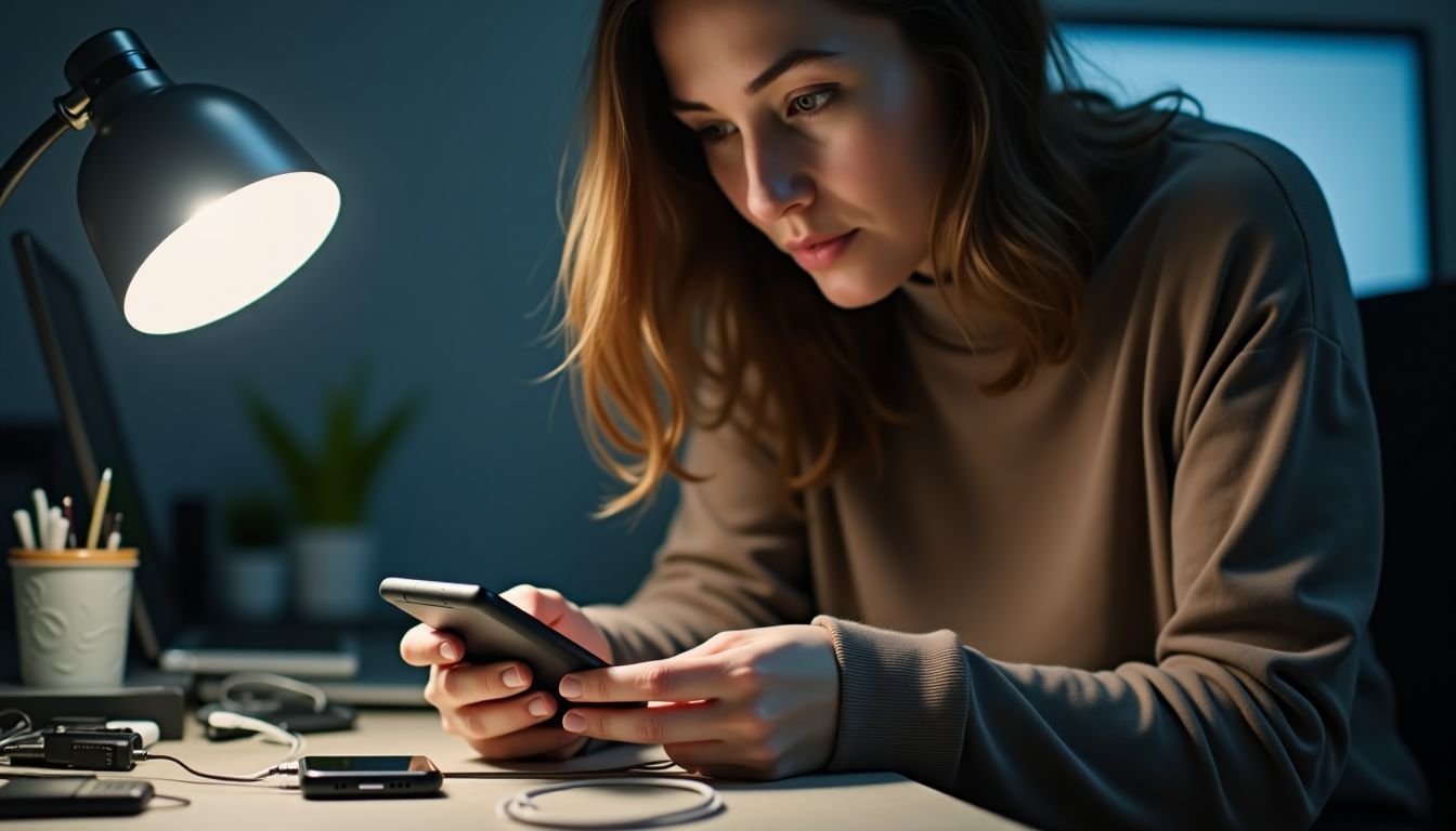 A woman examines a power bank connector at a cluttered desk.