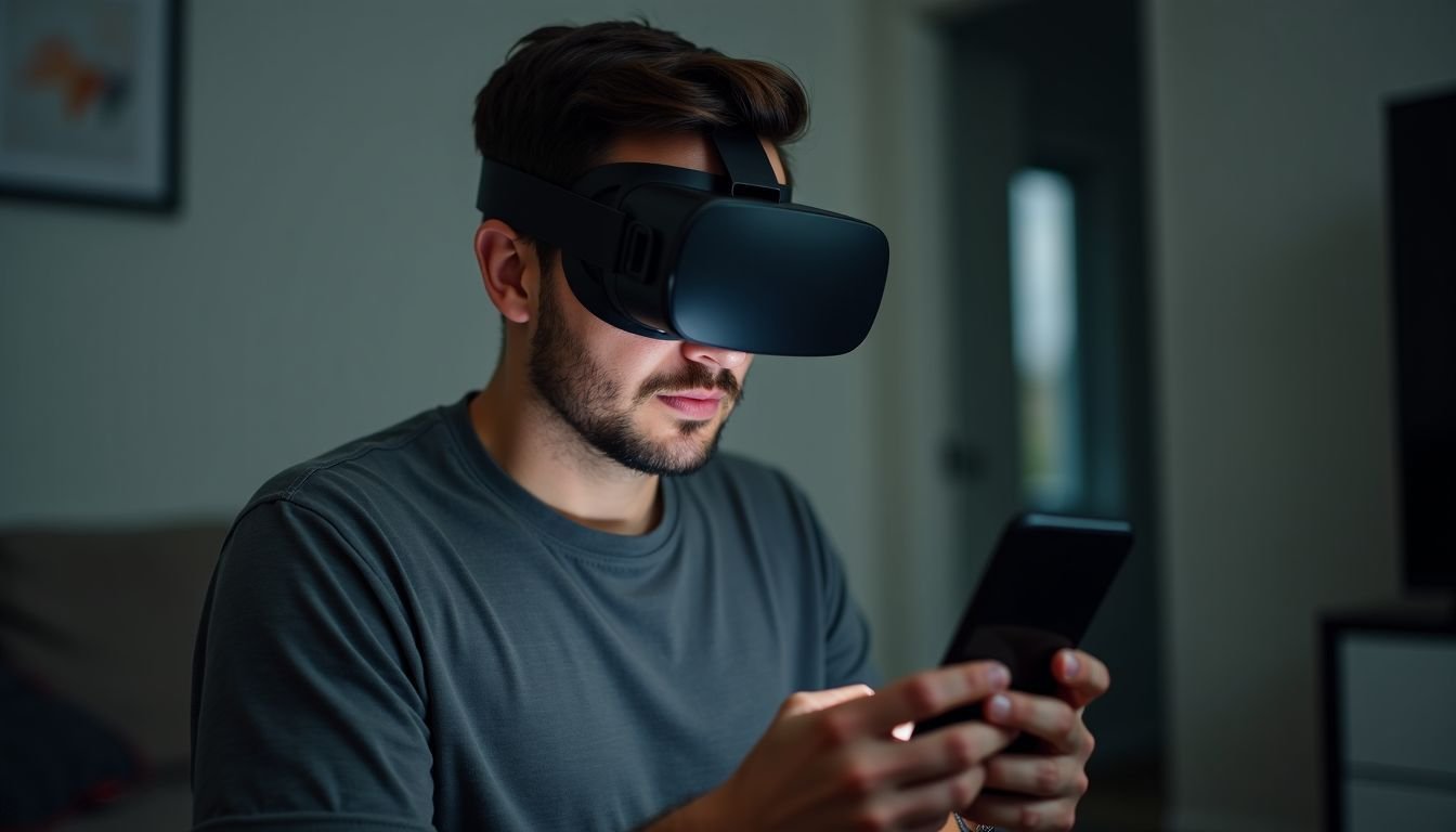 A man in his 30s adjusting his Oculus Quest with smartphone.