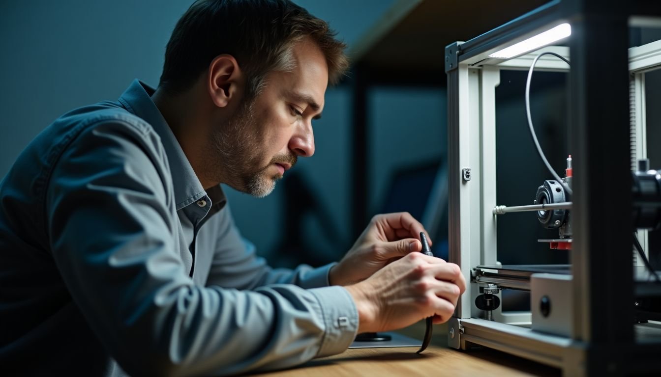 A middle-aged man is maintaining a 3D printer in a workshop.