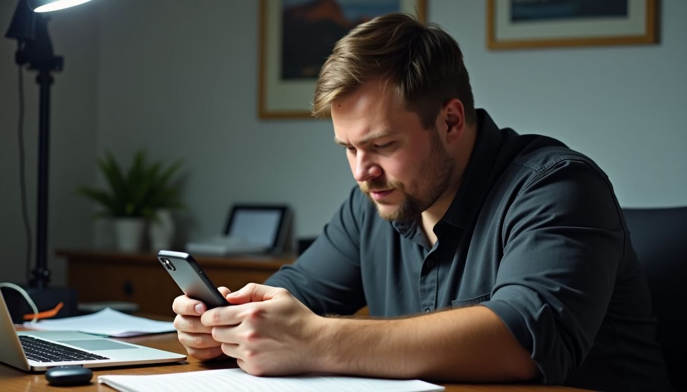 A man in his mid-30s is resetting his true wireless earbuds at his cluttered desk.