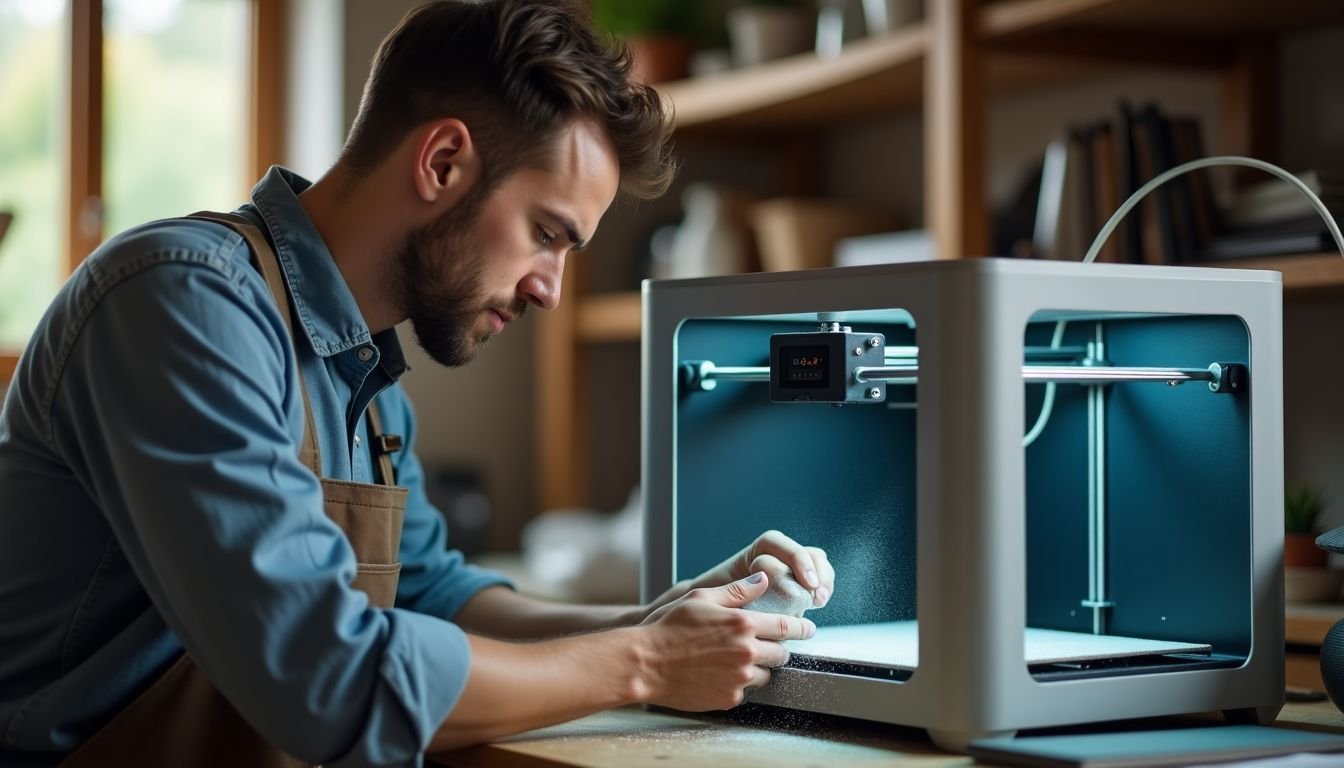 A man cleans and lubricates a 3D printer in a workshop.